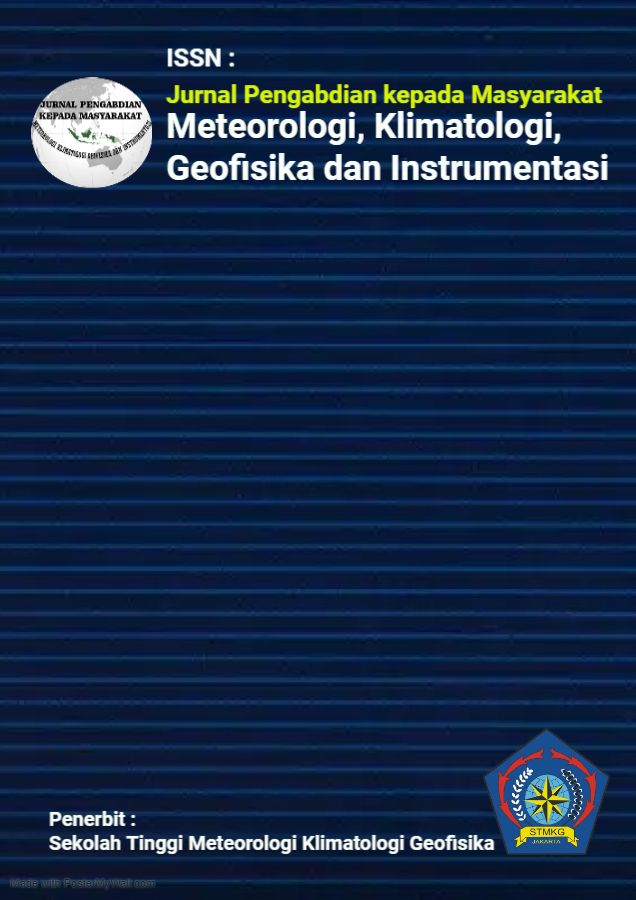 					View Vol. 1 No. 1 (2022): Jurnal Pengabdian kepada Masyarakat Meteorologi Klimatologi Geofisika dan Instrumentasi, Edisi Juni 2022
				